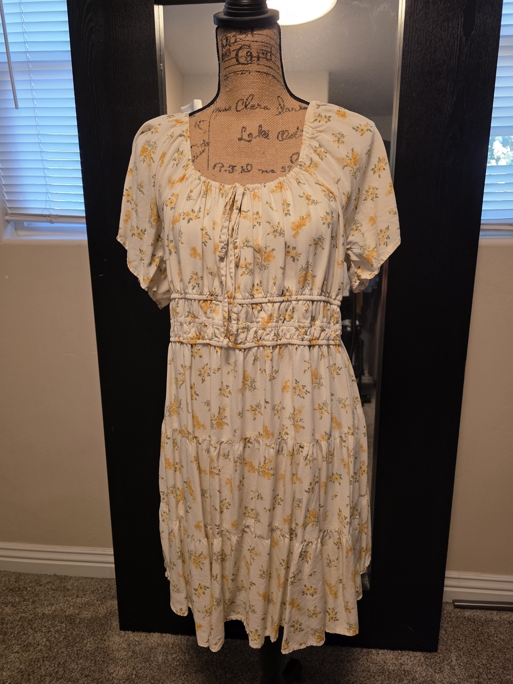 White Floral Tiered Short Sleeve Dress with Yellow Print